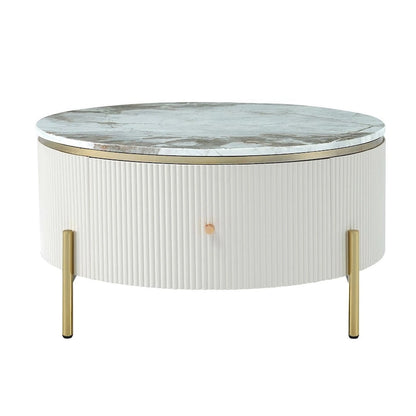 Table basse ronde moderne avec 2 grands tiroirs de rangement et plateau à motif marbre