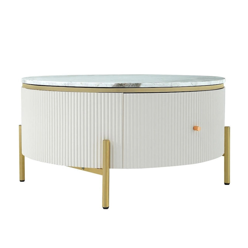 Table basse ronde moderne avec 2 grands tiroirs de rangement et plateau à motif marbre