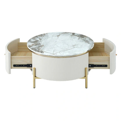 Table basse ronde moderne avec 2 grands tiroirs de rangement et plateau à motif marbre