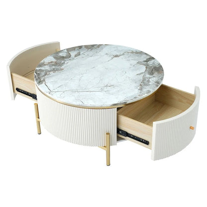 Table basse ronde moderne avec 2 grands tiroirs de rangement et plateau à motif marbre