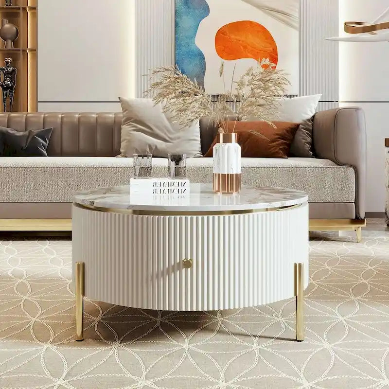 Table basse ronde moderne avec 2 grands tiroirs de rangement et plateau à motif marbre