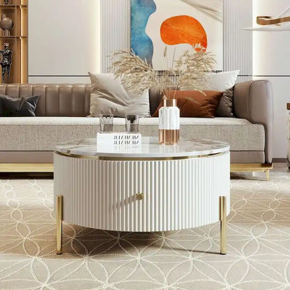 Table basse ronde moderne avec 2 grands tiroirs de rangement et plateau à motif marbre
