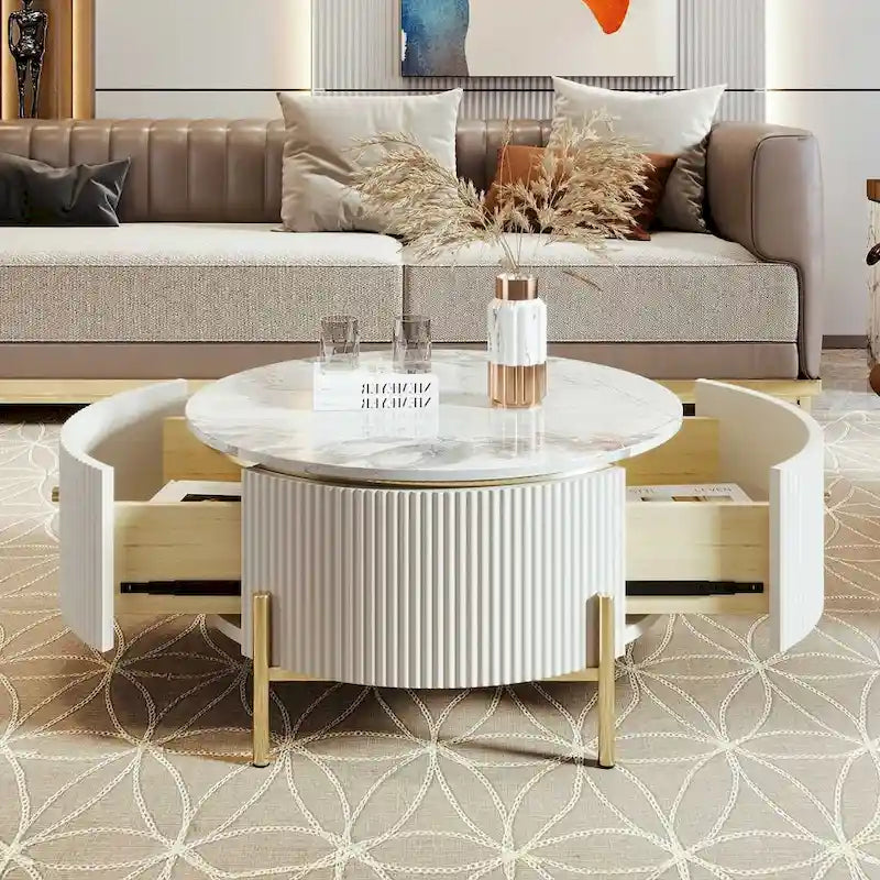 Table basse ronde moderne avec 2 grands tiroirs de rangement et plateau à motif marbre