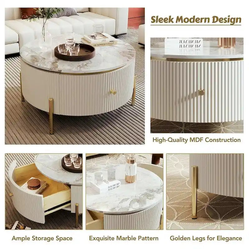 Table basse ronde moderne avec 2 grands tiroirs de rangement et plateau à motif marbre
