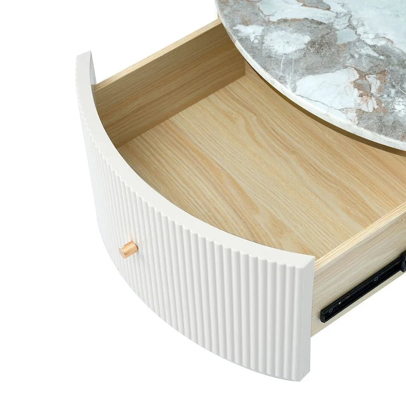 Table basse ronde moderne avec 2 grands tiroirs de rangement et plateau à motif marbre