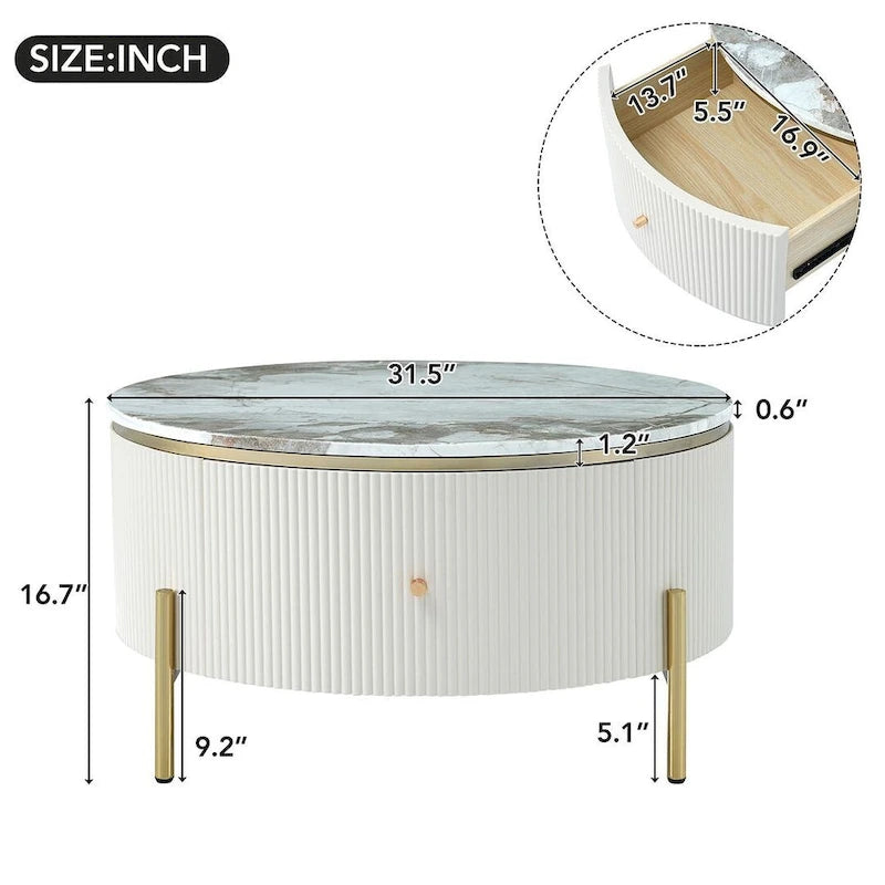 Table basse ronde moderne avec 2 grands tiroirs de rangement et plateau à motif marbre