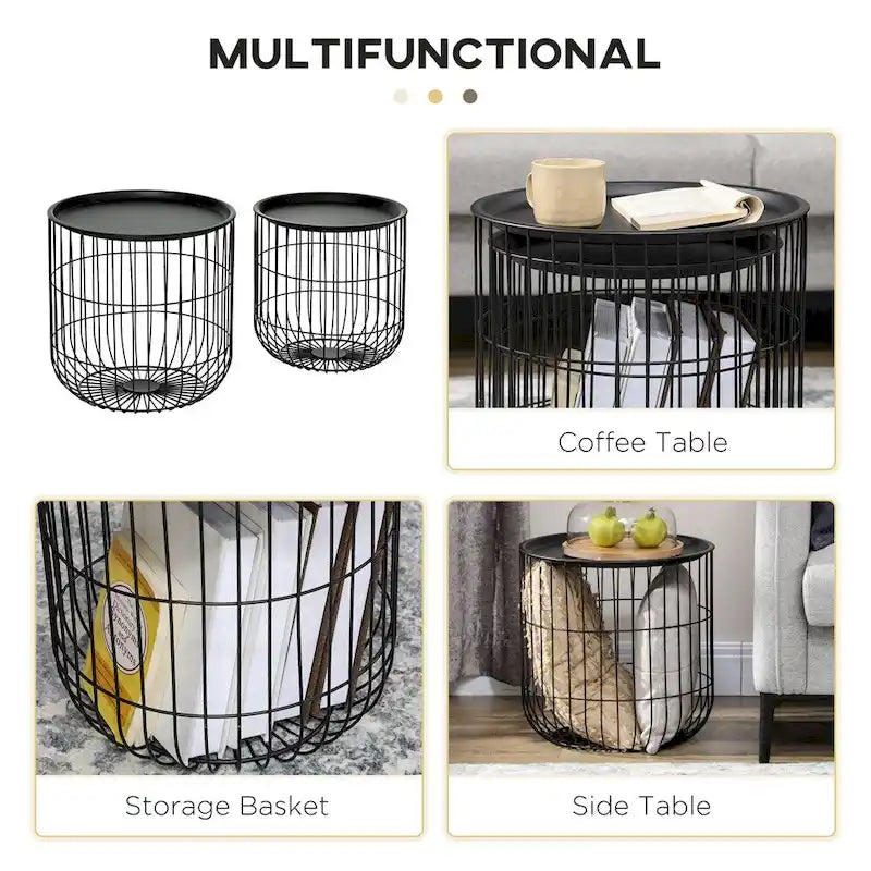 Tables basses gigognes avec structure en acier et plateau amovible (lot de 2)