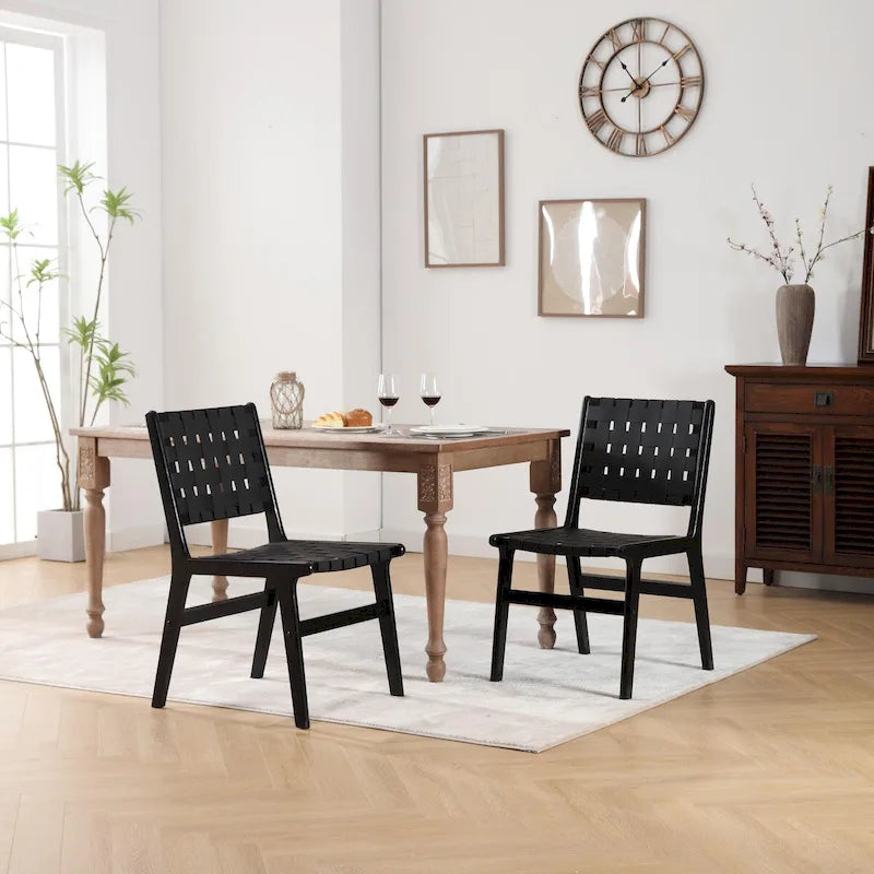 Chaise de salle à manger en cuir tressé, pieds en bois massif, convenant à la salle à manger et au salon.