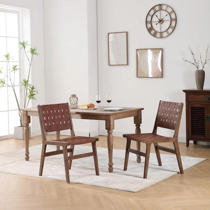Chaise de salle à manger en cuir tressé, pieds en bois massif, convenant à la salle à manger et au salon.
