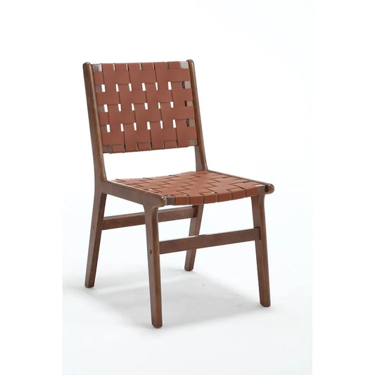 Chaise de salle à manger en cuir tressé, pieds en bois massif, convenant à la salle à manger et au salon.