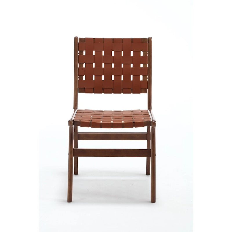 Chaise de salle à manger en cuir tressé, pieds en bois massif, convenant à la salle à manger et au salon.
