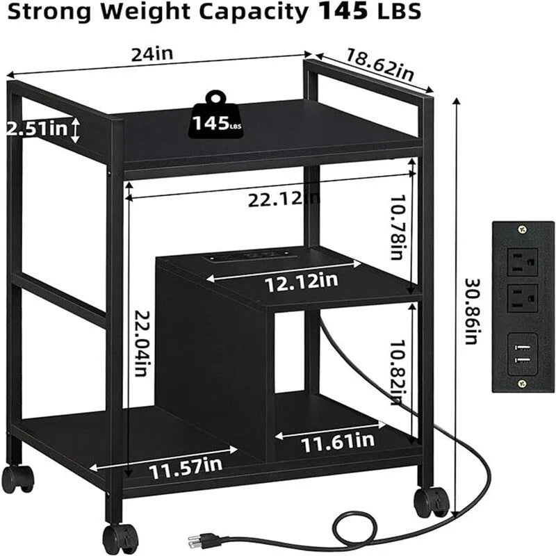 Support d'imprimante avec station de charge et ports USB, grand modèle à 3 niveaux - 61 cm (P) x 47,3 cm (L) x 78,8 cm (H)