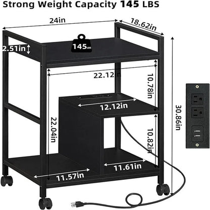 Support d'imprimante avec station de charge et ports USB, grand modèle à 3 niveaux - 61 cm (P) x 47,3 cm (L) x 78,8 cm (H)