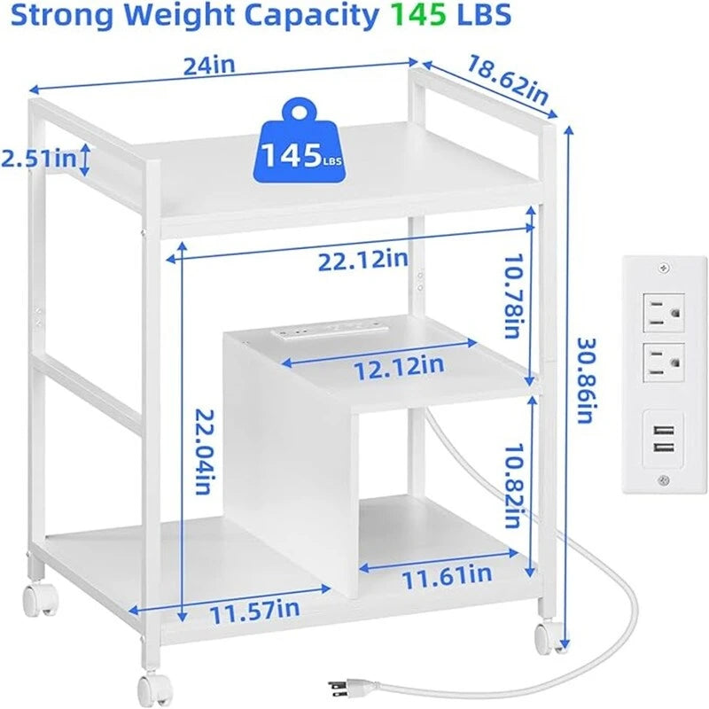 Support d'imprimante avec station de charge et ports USB, grand modèle à 3 niveaux - 61 cm (P) x 47,3 cm (L) x 78,8 cm (H)