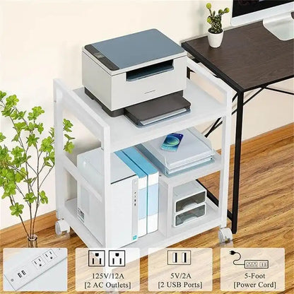 Support d'imprimante avec station de charge et ports USB, grand modèle à 3 niveaux - 61 cm (P) x 47,3 cm (L) x 78,8 cm (H)