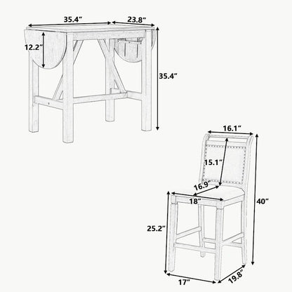 Ensemble de table à manger 3 pièces en bois, hauteur comptoir, à abattants