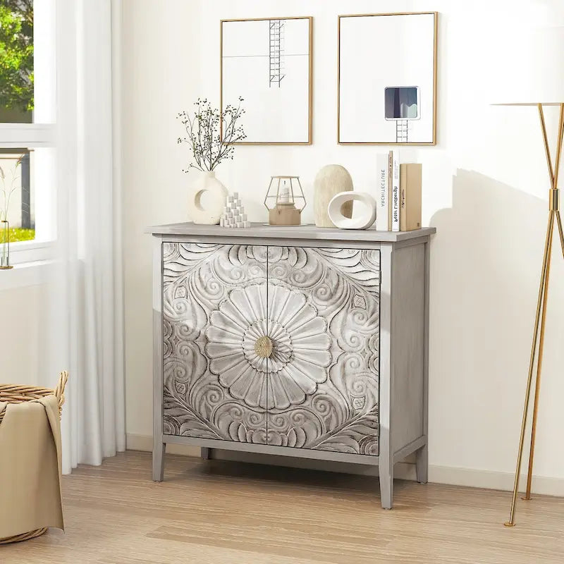 Meuble à 2 portes, style américain, idéal pour la chambre, le salon ou le bureau, gris et blanc.