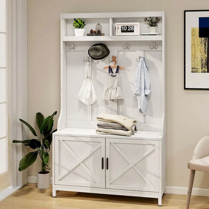 Moasis Entryway Coat Rack Shoe Bench Set, Farmhouse 7 Hooks Hall Tree Coat Shoe Rack