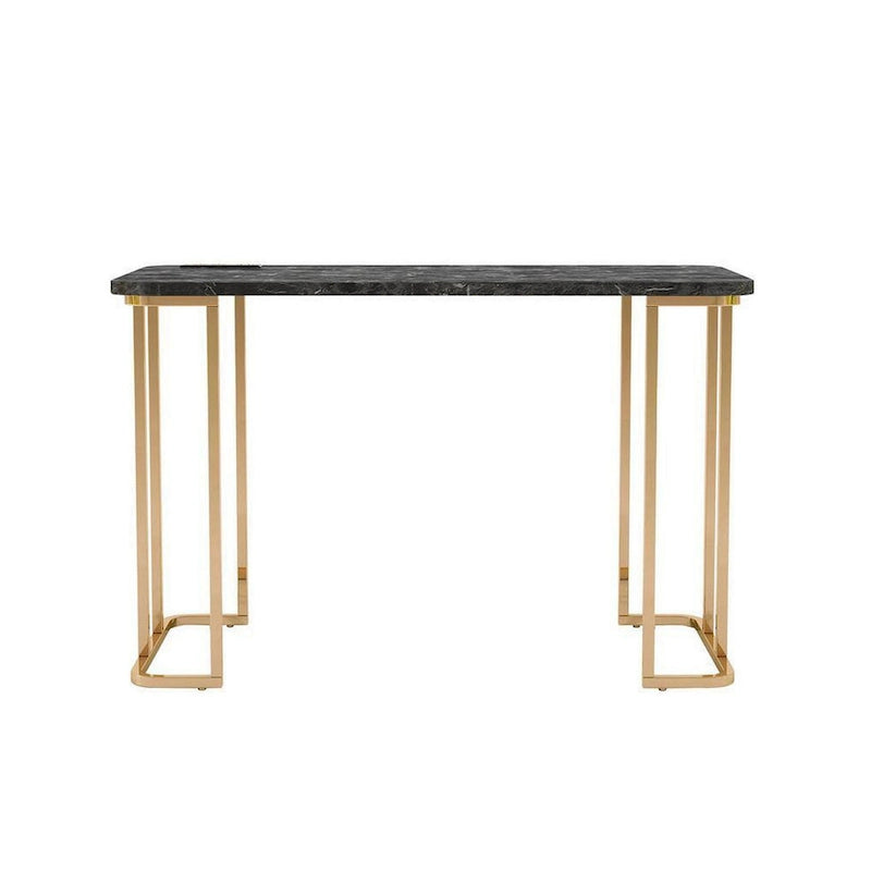 Bureau Jenny 119 cm, prise USB, pieds en métal doré, revêtement en faux marbre noir