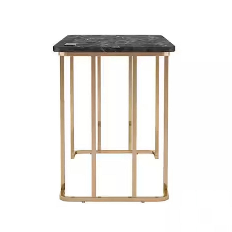 Bureau Jenny 119 cm, prise USB, pieds en métal doré, revêtement en faux marbre noir