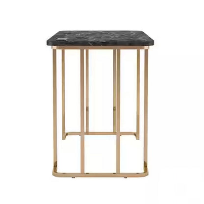 Bureau Jenny 119 cm, prise USB, pieds en métal doré, revêtement en faux marbre noir