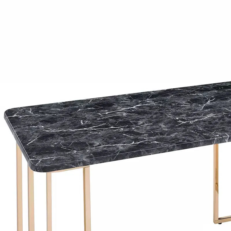 Bureau Jenny 119 cm, prise USB, pieds en métal doré, revêtement en faux marbre noir