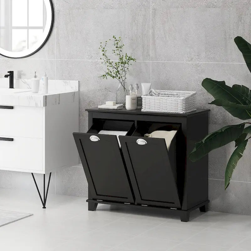 Meuble de rangement pour salle de bain avec panier à linge à double ouverture inclinable