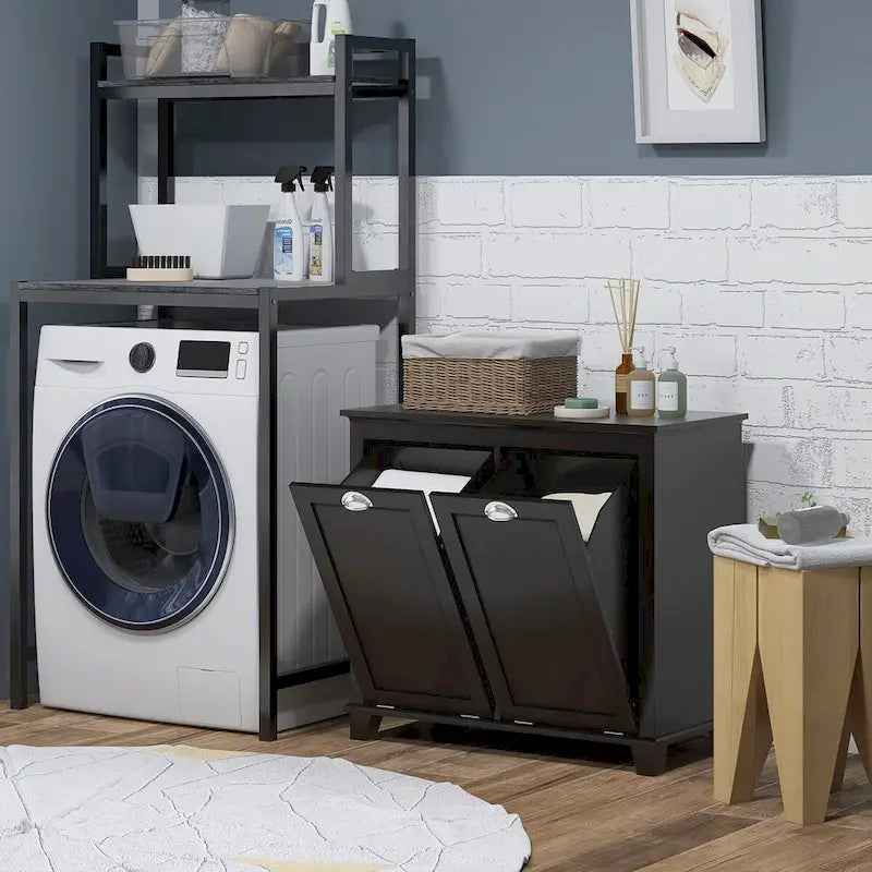 Meuble de rangement pour salle de bain avec panier à linge à double ouverture inclinable