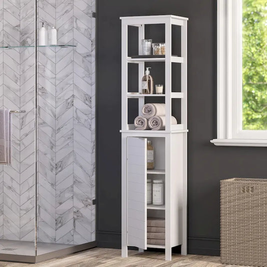 RiverRidge Madison Single Door Tall Bathroom Cabinet Storage Organizer with an Open and Adjustable Interior Shelves