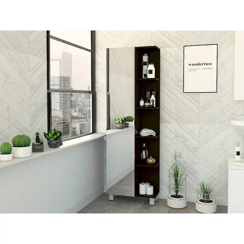 Armoire à linge avec miroir Reno, quatre étagères intérieures, finition wengé noir