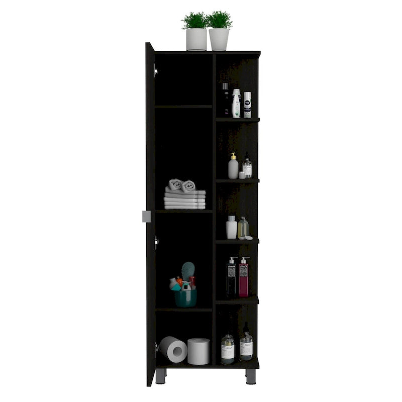 Armoire à linge avec miroir Reno, quatre étagères intérieures, finition wengé noir