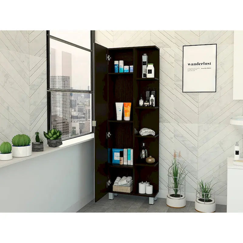 Armoire à linge avec miroir Reno, quatre étagères intérieures, finition wengé noir