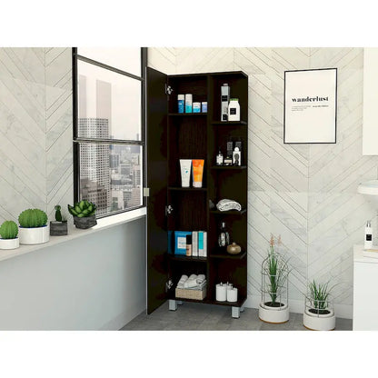 Armoire à linge avec miroir Reno, quatre étagères intérieures, finition wengé noir