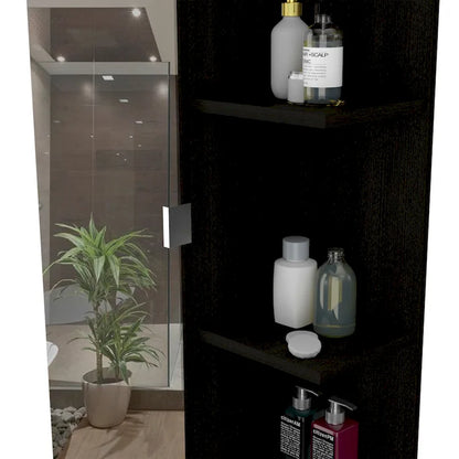 Armoire à linge avec miroir Reno, quatre étagères intérieures, finition wengé noir