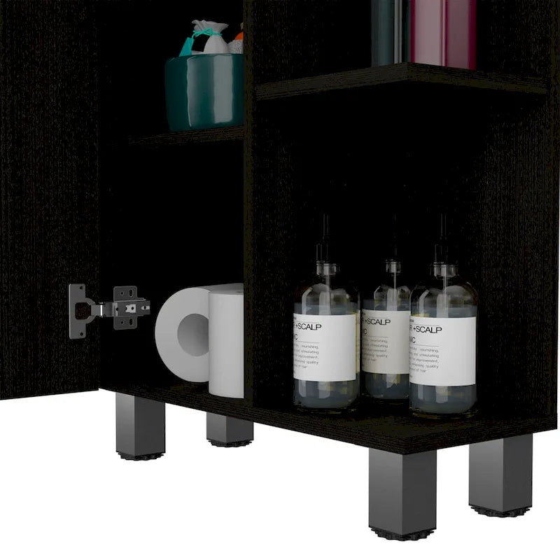 Armoire à linge avec miroir Reno, quatre étagères intérieures, finition wengé noir