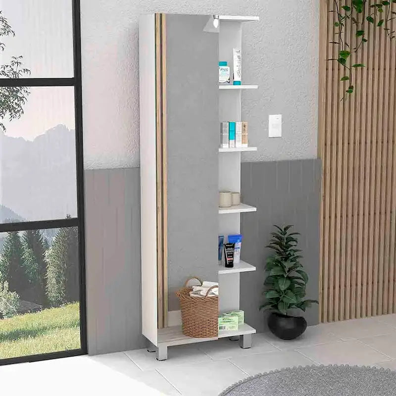 Armoire à linge avec miroir Reno, quatre étagères intérieures, finition wengé noir