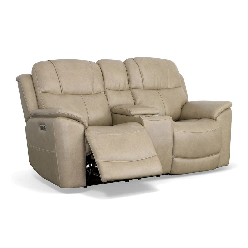 Canapé deux places inclinable électrique zéro gravité en cuir Crew avec console, appuie-têtes et soutien lombaire électriques par Flexsteel