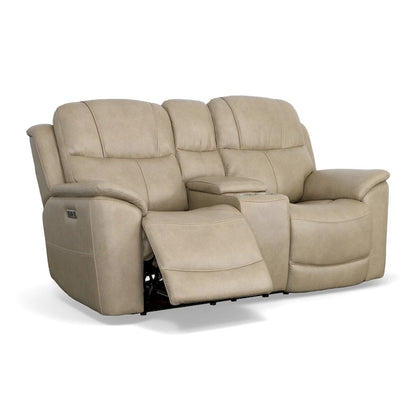 Canapé deux places inclinable électrique zéro gravité en cuir Crew avec console, appuie-têtes et soutien lombaire électriques par Flexsteel