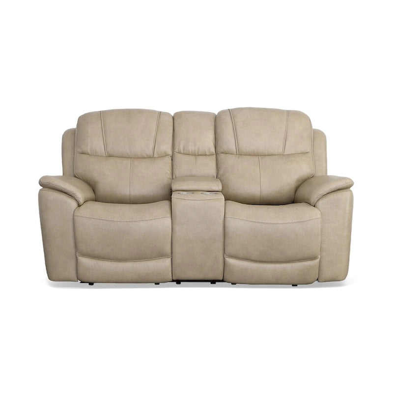 Canapé deux places inclinable électrique zéro gravité en cuir Crew avec console, appuie-têtes et soutien lombaire électriques par Flexsteel