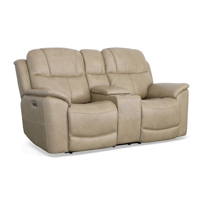 Canapé deux places inclinable électrique zéro gravité en cuir Crew avec console, appuie-têtes et soutien lombaire électriques par Flexsteel