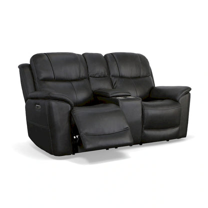 Canapé deux places inclinable électrique zéro gravité en cuir Crew avec console, appuie-têtes et soutien lombaire électriques par Flexsteel