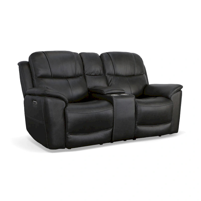 Canapé deux places inclinable électrique zéro gravité en cuir Crew avec console, appuie-têtes et soutien lombaire électriques par Flexsteel