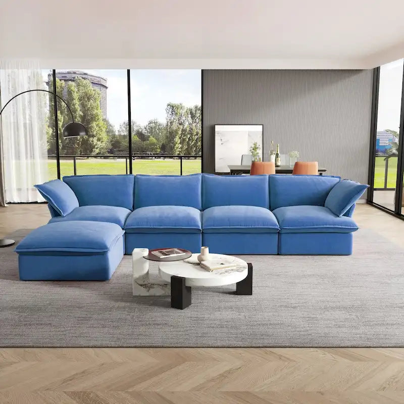Canapé d'angle Cloud, canapé modulaire 5 places en plumes et duvet, canapé convertible en velours en forme de L avec assise large et profonde.