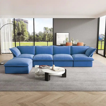Canapé d'angle Cloud, canapé modulaire 5 places en plumes et duvet, canapé convertible en velours en forme de L avec assise large et profonde.