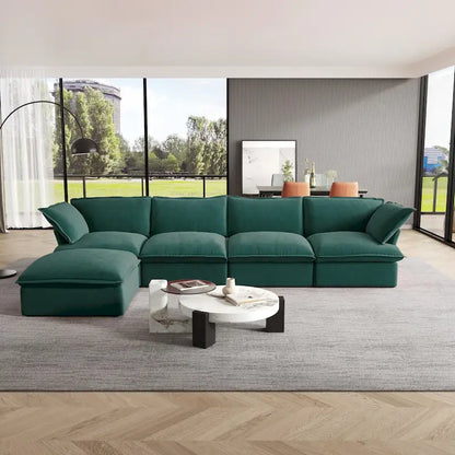 Canapé d'angle Cloud, canapé modulaire 5 places en plumes et duvet, canapé convertible en velours en forme de L avec assise large et profonde.