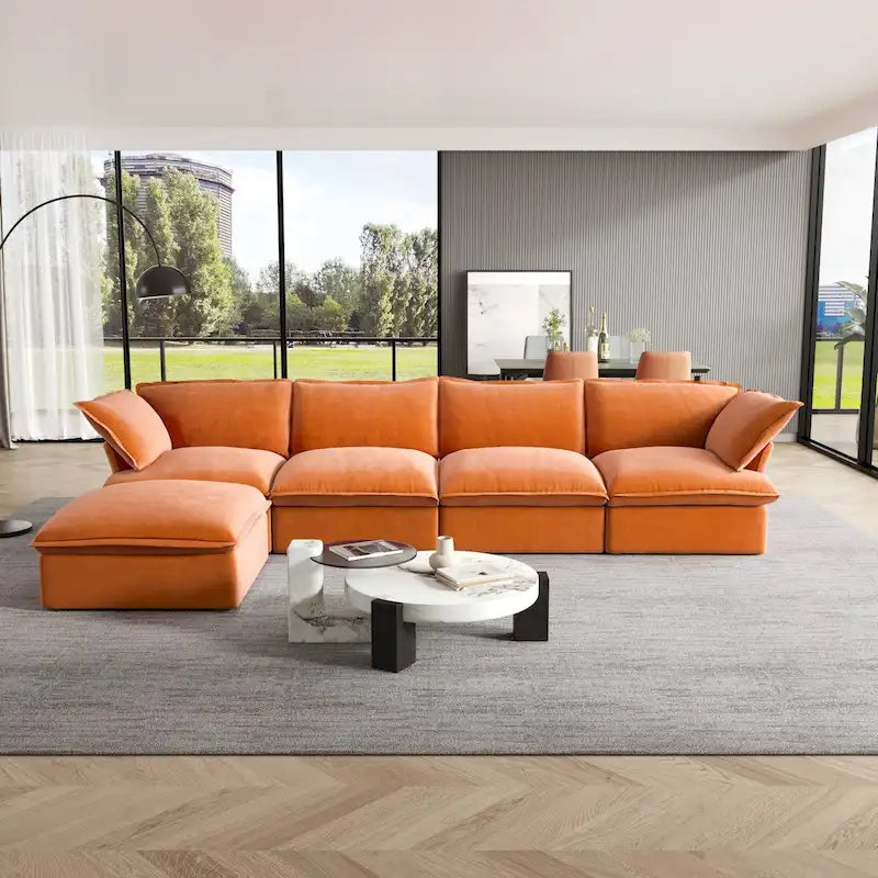 Canapé d'angle Cloud, canapé modulaire 5 places en plumes et duvet, canapé convertible en velours en forme de L avec assise large et profonde.