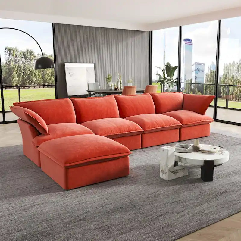 Canapé d'angle Cloud, canapé modulaire 5 places en plumes et duvet, canapé convertible en velours en forme de L avec assise large et profonde.