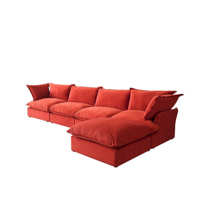 Canapé d'angle Cloud, canapé modulaire 5 places en plumes et duvet, canapé convertible en velours en forme de L avec assise large et profonde.