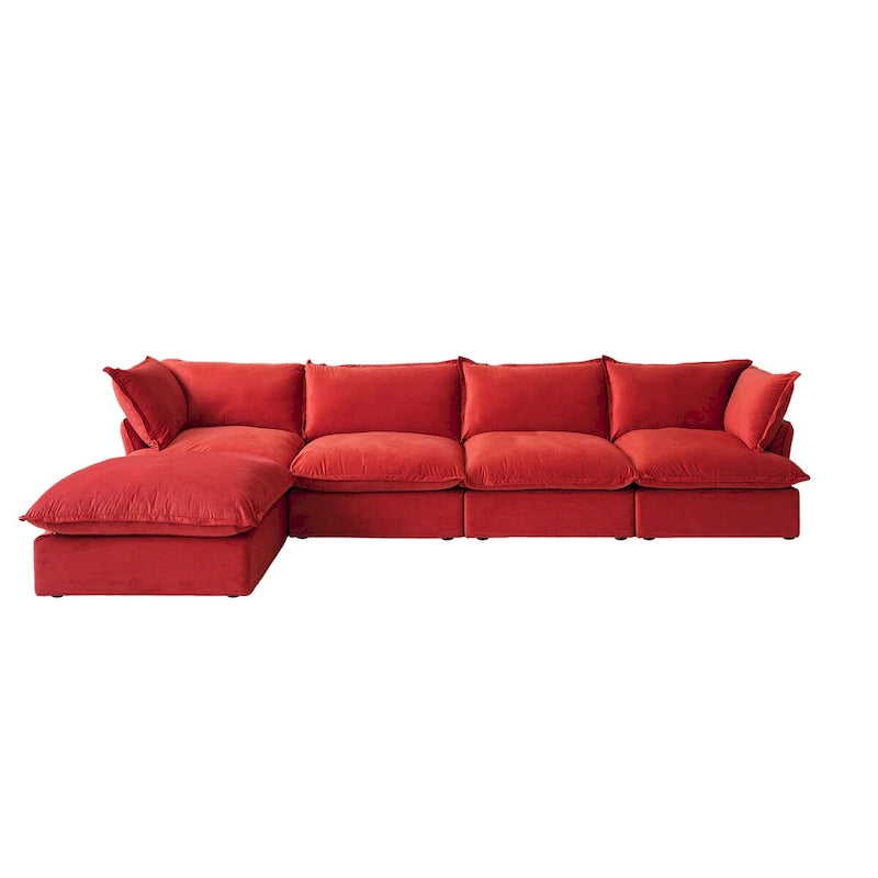 Canapé d'angle Cloud, canapé modulaire 5 places en plumes et duvet, canapé convertible en velours en forme de L avec assise large et profonde.