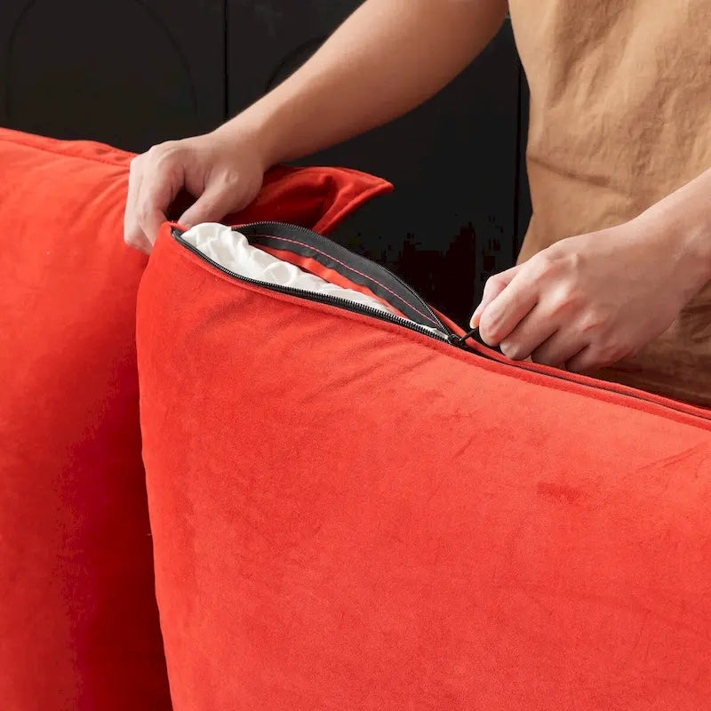 Canapé d'angle Cloud, canapé modulaire 5 places en plumes et duvet, canapé convertible en velours en forme de L avec assise large et profonde.